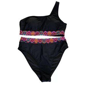 Hilinker Boho One Shoulder Two Piece Swimsuit Size XL Black Patchwork High Waist